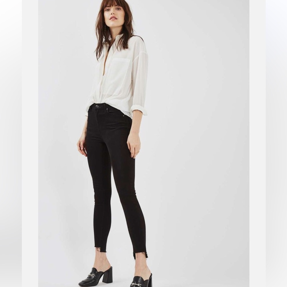 Topshop Moto Black Jamie Stepped Hem Distress Frayed Skinny Jeans
